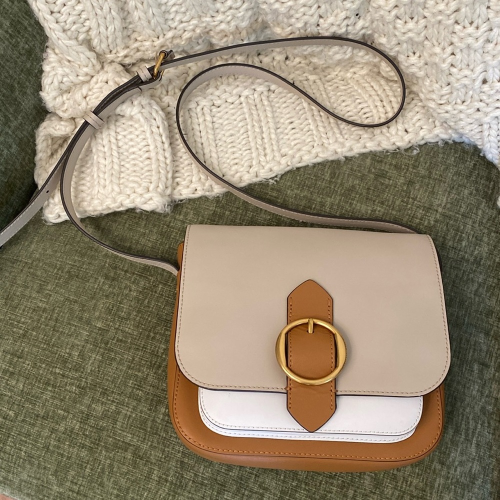Banana Republic Leather Crossbody Purse Cognac White Taupe